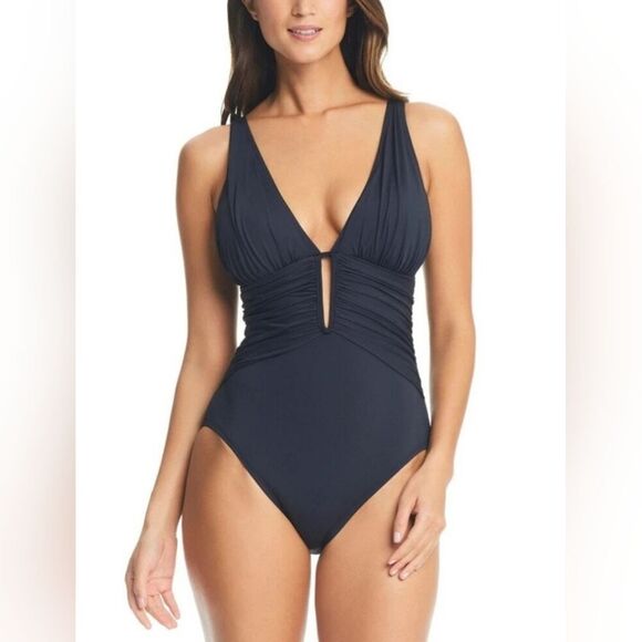 Bleu by Rod Beattie Ruched Plunge One-Piece Swimsuit NWOT Size 12 Black - Picture 1 of 4